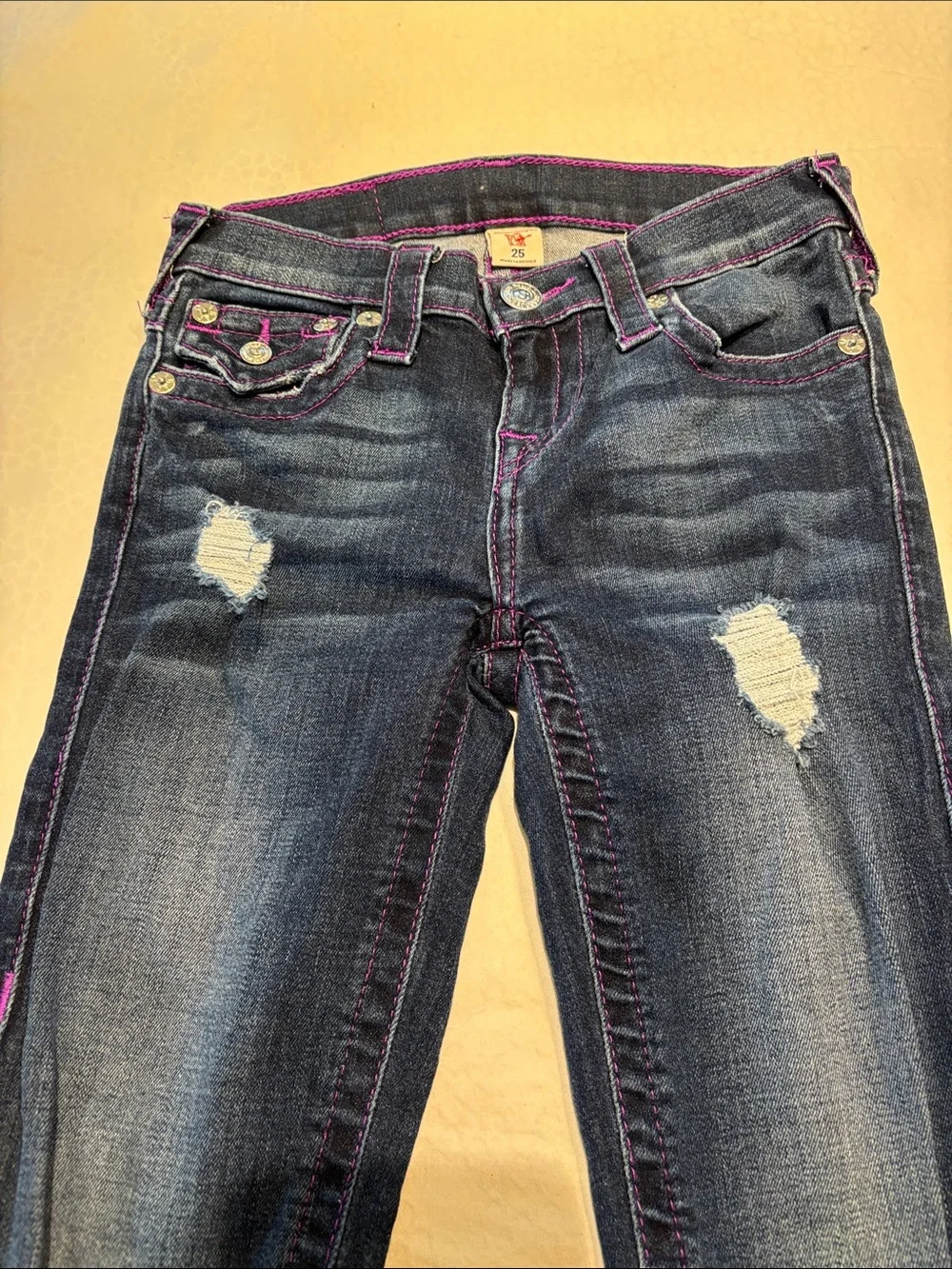 True Religion Skinny Jeans in Dark Blue with Purple Stitching - Picture 4 of 11